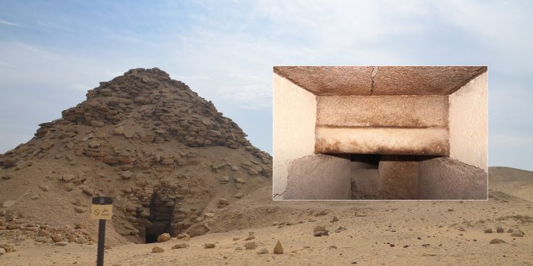 An image showing the remnants of the Pyramid of Userkaf and a small image of its inside. Wikimedia Commons.