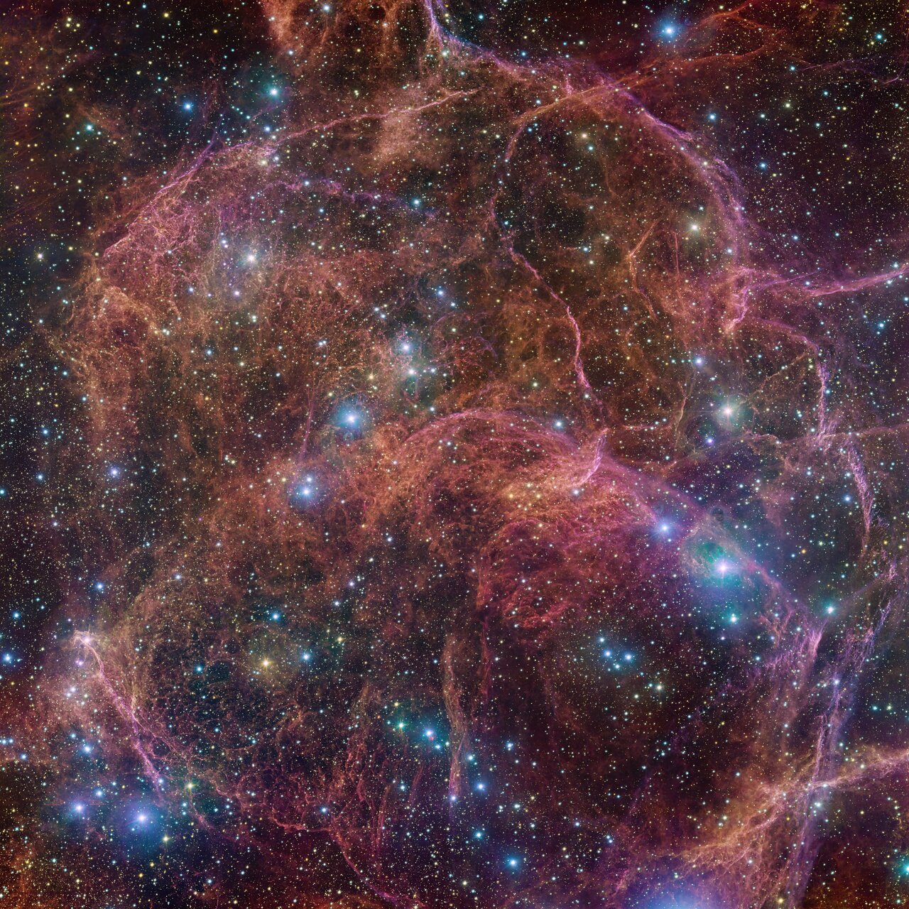 An image of the Veil supernova remnant. Image Credit: ESO/VPHAS+ team. Acknowledgement: Cambridge Astronomical Survey Unit.