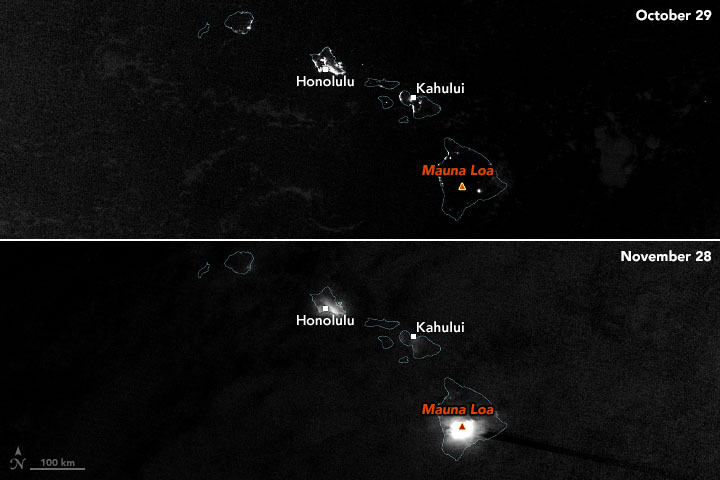 A satellite image comparison showing the before and after of the eruption. Image Credit: NASA Earth Observatory.