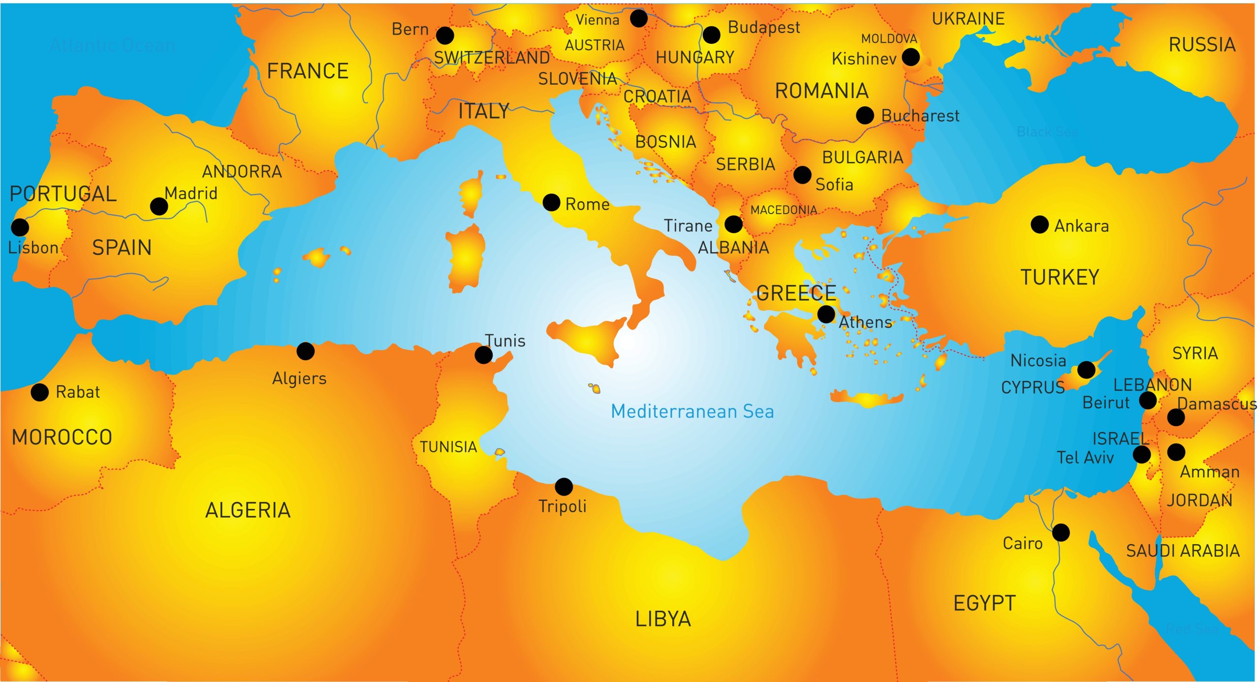 A map of the Mediterranean Sea. YAYIMAGES.