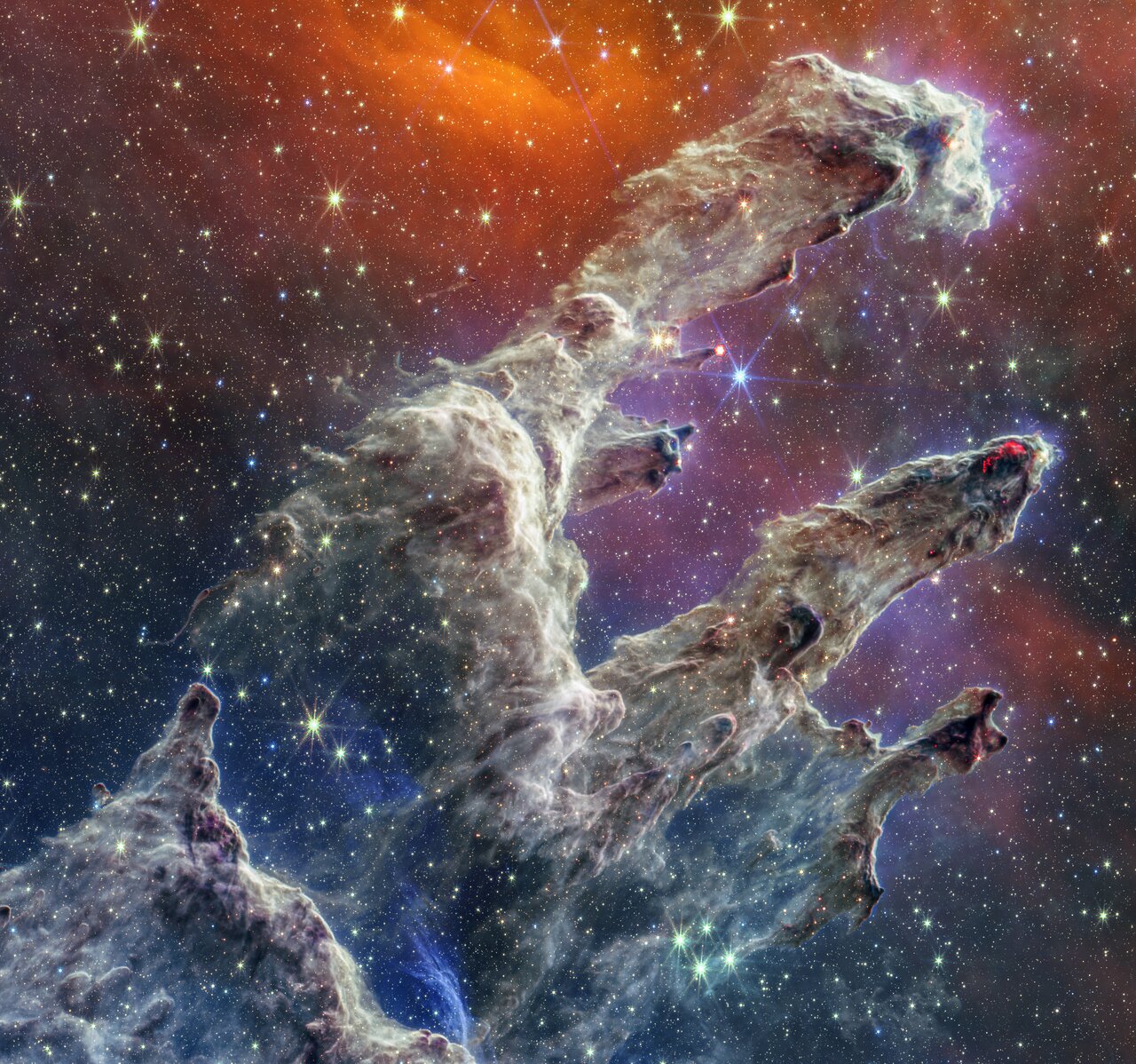 The Pillars of Creation as seen by NIRCam and MIRI from James Webb. Image Credit: NASA, ESA, CSA, STScI, J. DePasquale (STScI), A. Pagan (STScI), A. M. Koekemoer (STScI); CC BY 4.0.