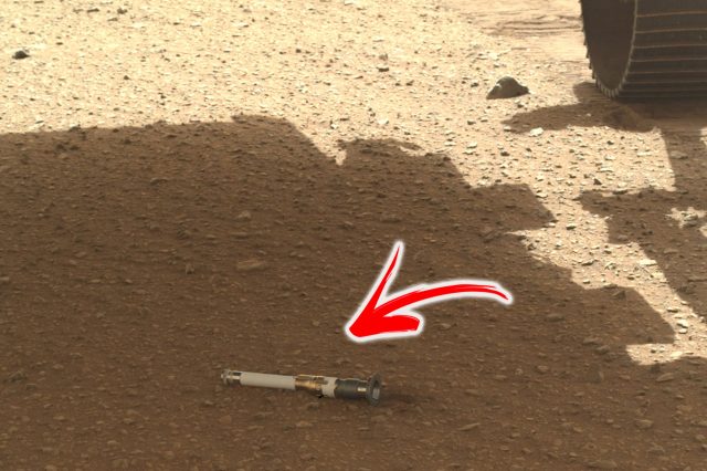 A "lightsaber" on Mars. This photograph shows the aluminium tube left by the Perseverance rover. Image Credit: NASA.