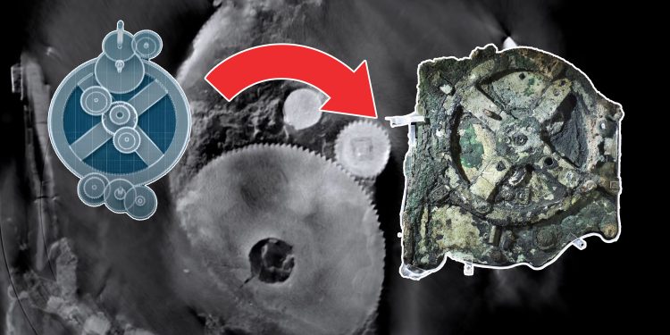 A collage of the Antikythera mechanism. Curiosmos. Wikimedia, Depositphotos.