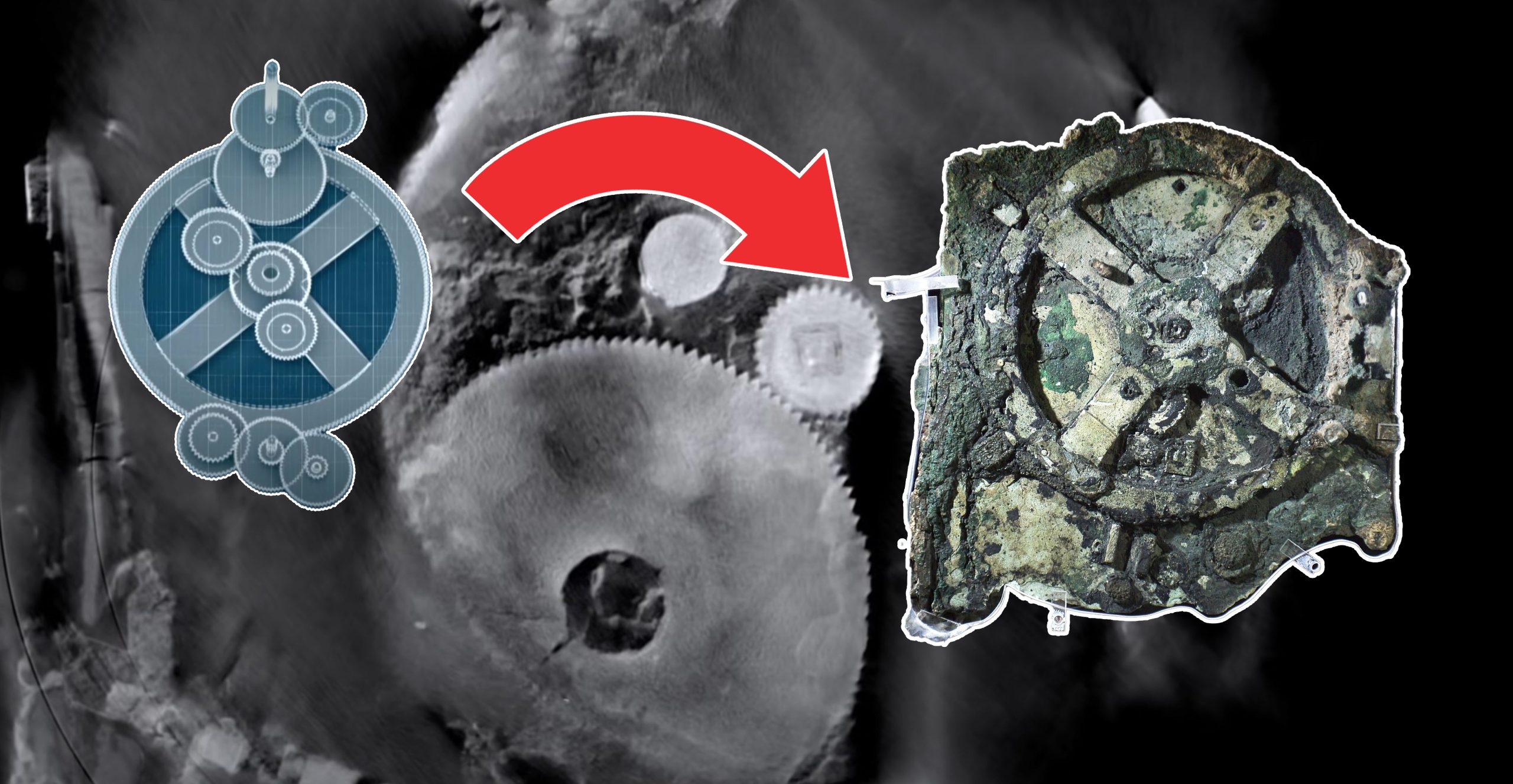A collage of the Antikythera mechanism. Curiosmos. Wikimedia, Depositphotos.