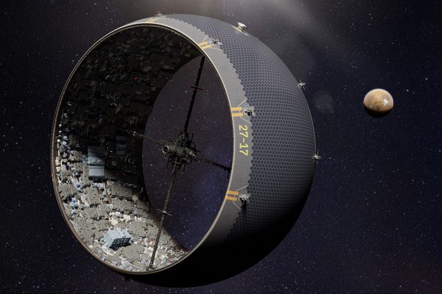 An illustration a city inside a giant space bag surrounding an asteroid. Image Credit: University of Rochester.