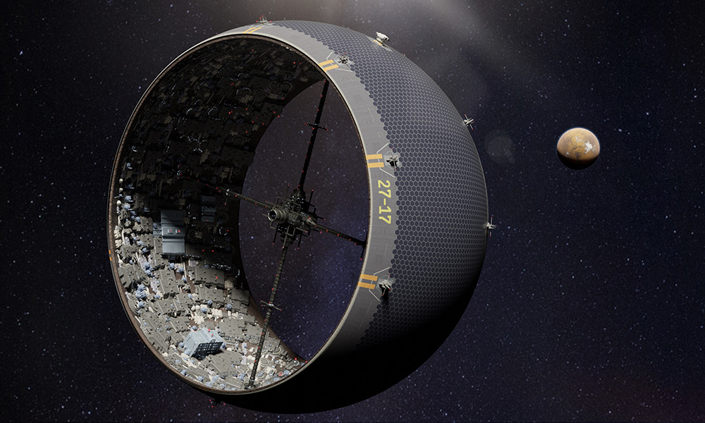 An illustration a city inside a giant space bag surrounding an asteroid. Image Credit: University of Rochester.