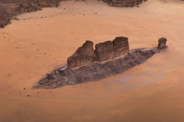 A screenshot from the video captured by photographer Khaled Al Enazi of the rock formation resembling a fish. Image Credit: Khaled Al Enazi.