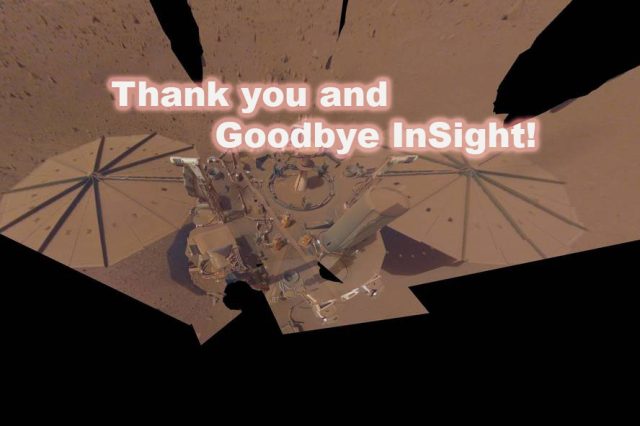 A photograph of InSight covered in dust with annotations. Credit: NASA/Curiosmos.