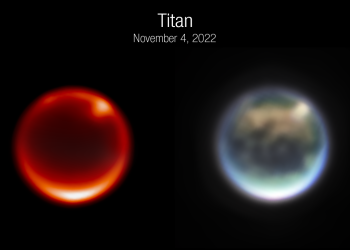 Titan as seen by James Webb. Image Credit: SCIENCE: NASA, ESA, CSA, Webb Titan GTO Team IMAGE PROCESSING: Alyssa Pagan (STScI).