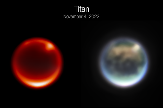 Titan as seen by James Webb. Image Credit: SCIENCE: NASA, ESA, CSA, Webb Titan GTO Team IMAGE PROCESSING: Alyssa Pagan (STScI).