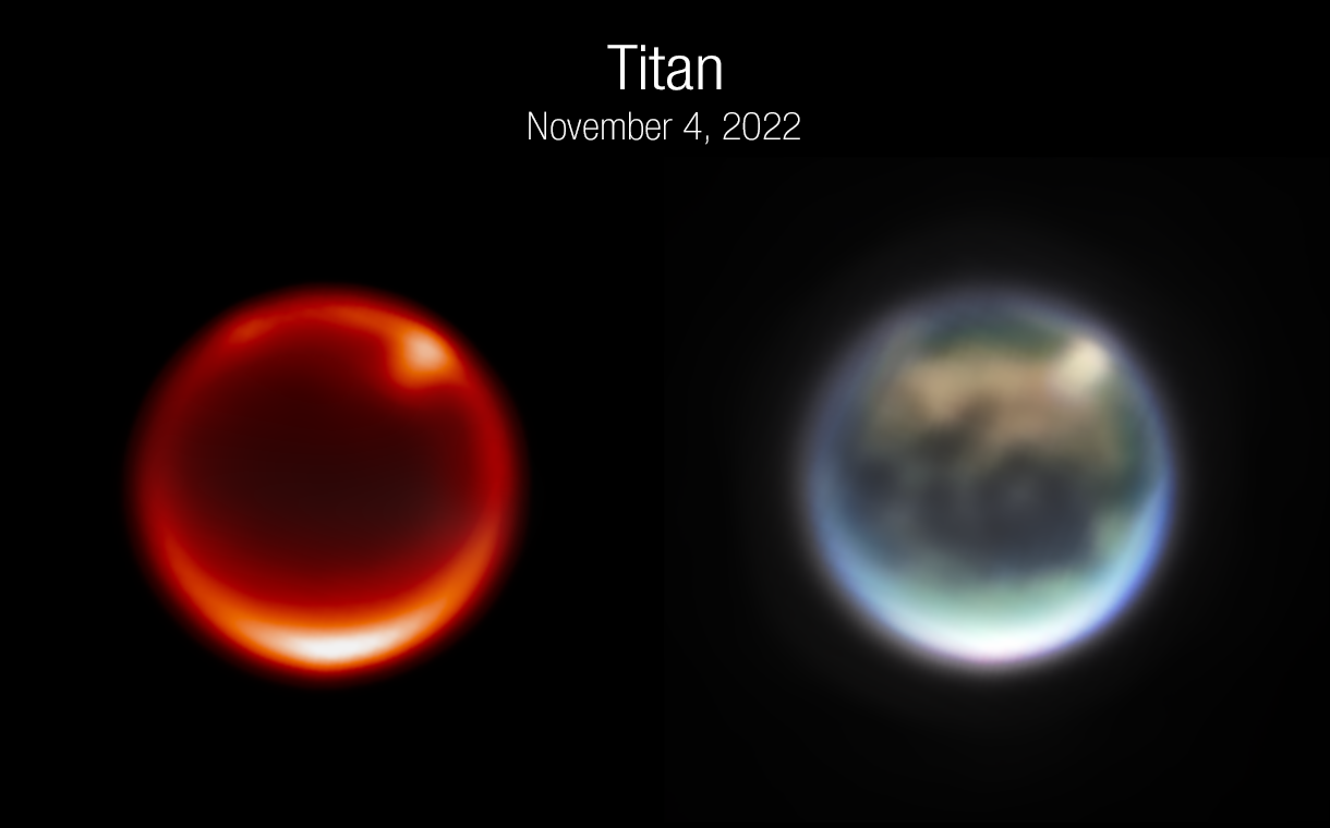 Titan as seen by James Webb. Image Credit: SCIENCE: NASA, ESA, CSA, Webb Titan GTO Team IMAGE PROCESSING: Alyssa Pagan (STScI).