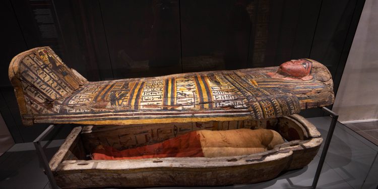 A photograph of an ancient Egyptian mummy and sarcophagus. Yayimages.