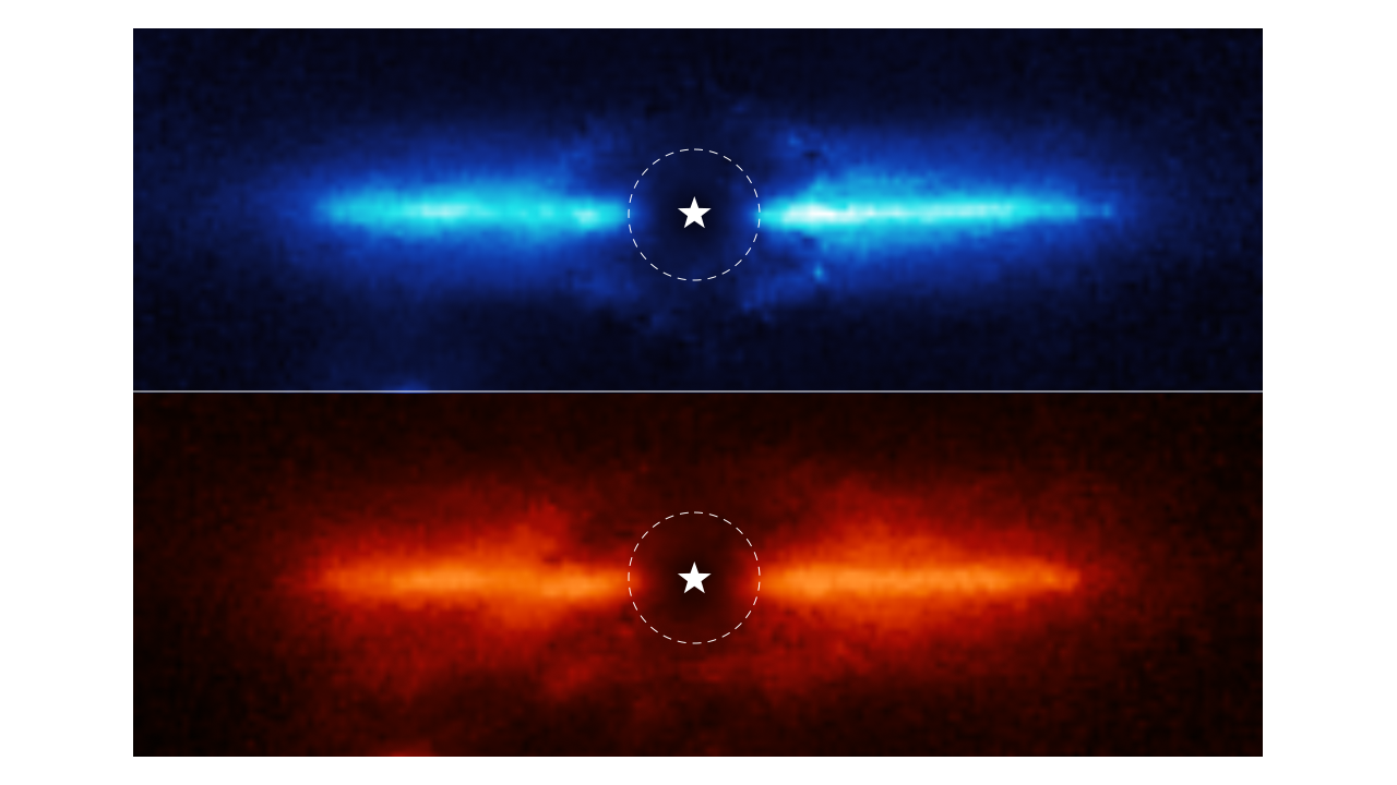 These two images show the dusty debris disk around AU Mic, including remnants of planetesimals. Credits: NASA, ESA, CSA, and K. Lawson (Goddard Space Flight Center). Image processing: A. Pagan (STScI).