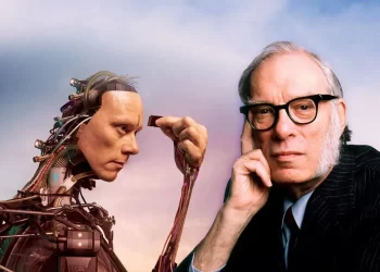 Isaac Asimov and a robot. Depositphotos.