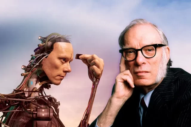 Isaac Asimov and a robot. Depositphotos.
