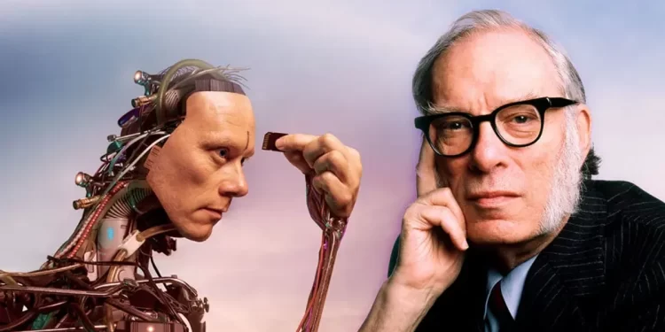 Isaac Asimov and a robot. Depositphotos.