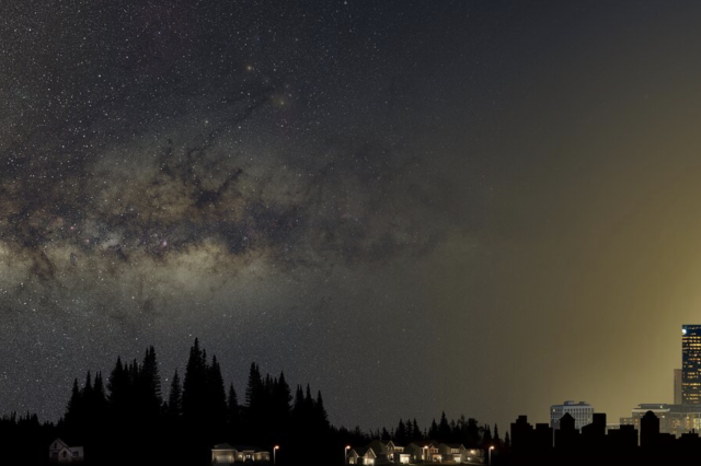 An illustration showing the impact of light pollution. Image Credit: NOIRLab/NSF/AURA, P. Marenfeld.
