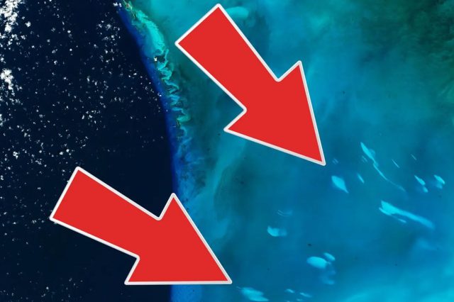 A satellite images showing the massive white patches near the Bahamas. Image Credit: Landsat 8.
