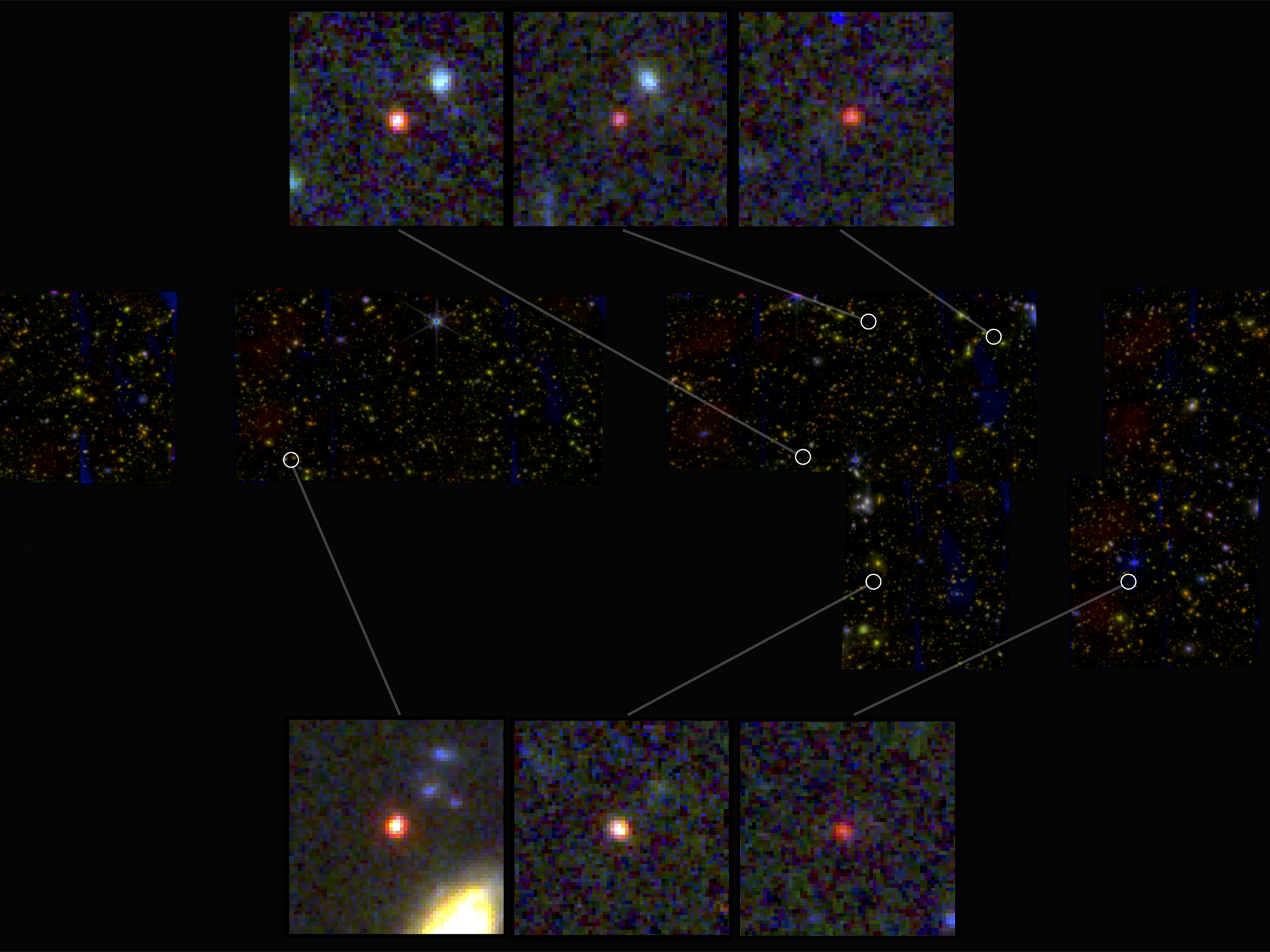 mages of six candidate massive galaxies, seen 500-700 million years after the Big Bang. Image Credit: NASA, ESA, CSA, I. Labbe.