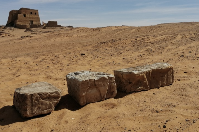 A photograph showing Blocks with hieroglyphs found in Old Dongola, Sudan. Image Credit: Dawid F. Wieczorek/PCMA UW.