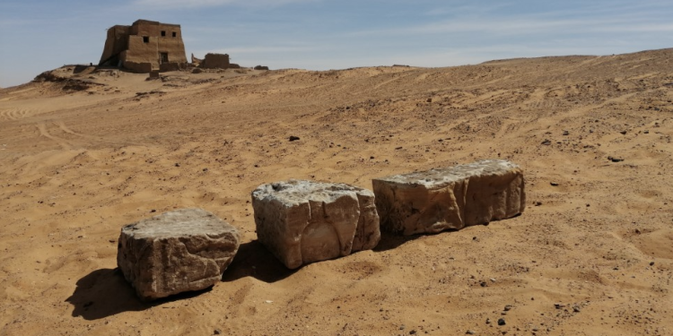 A photograph showing Blocks with hieroglyphs found in Old Dongola, Sudan. Image Credit: Dawid F. Wieczorek/PCMA UW.