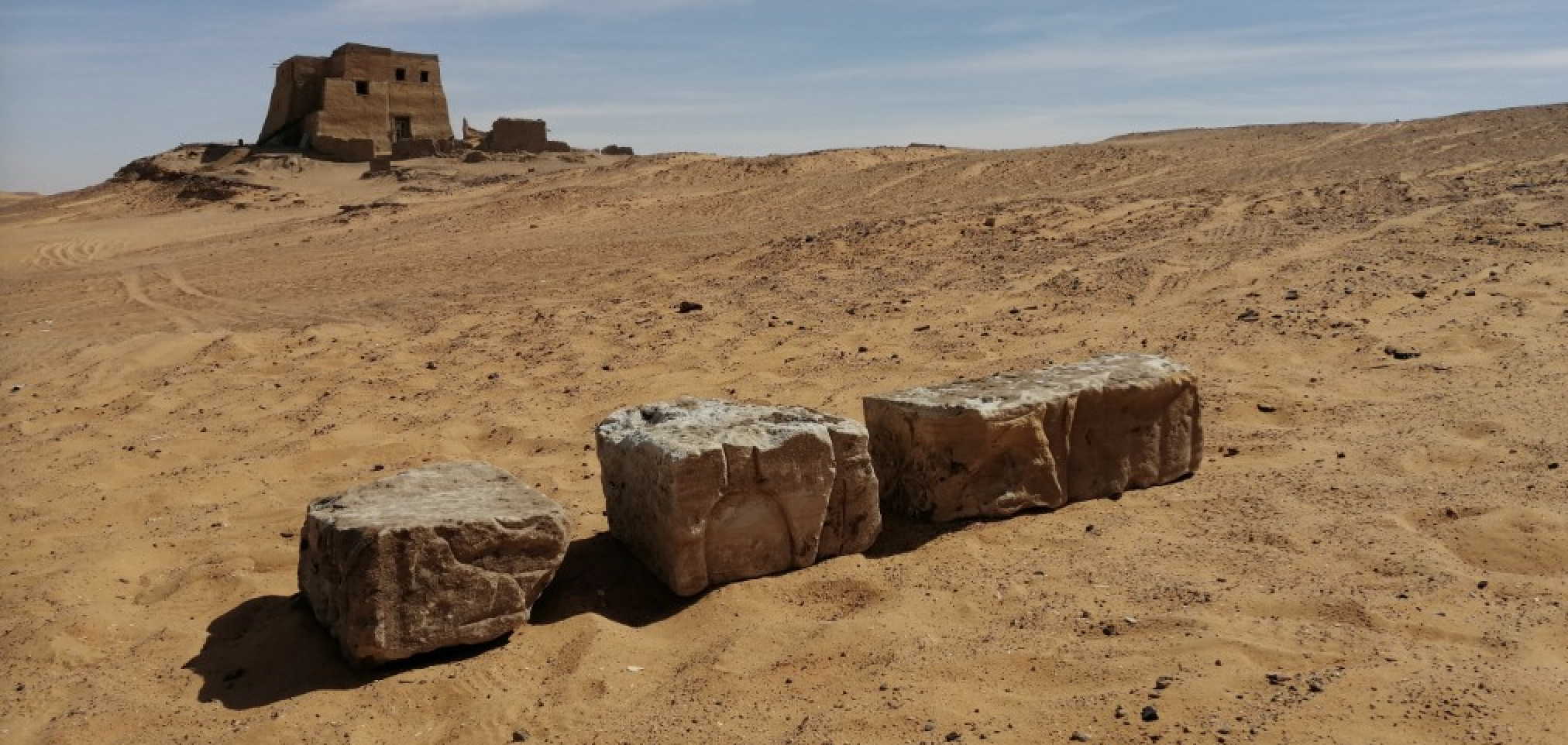 A photograph showing Blocks with hieroglyphs found in Old Dongola, Sudan. Image Credit: Dawid F. Wieczorek/PCMA UW.