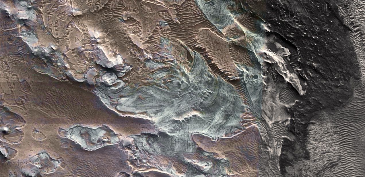 A photograph of a relict glacier on the surface of Mars. Credit: NASA MRO HiRISE and CRISM false color composite. Lee et al. 2023.