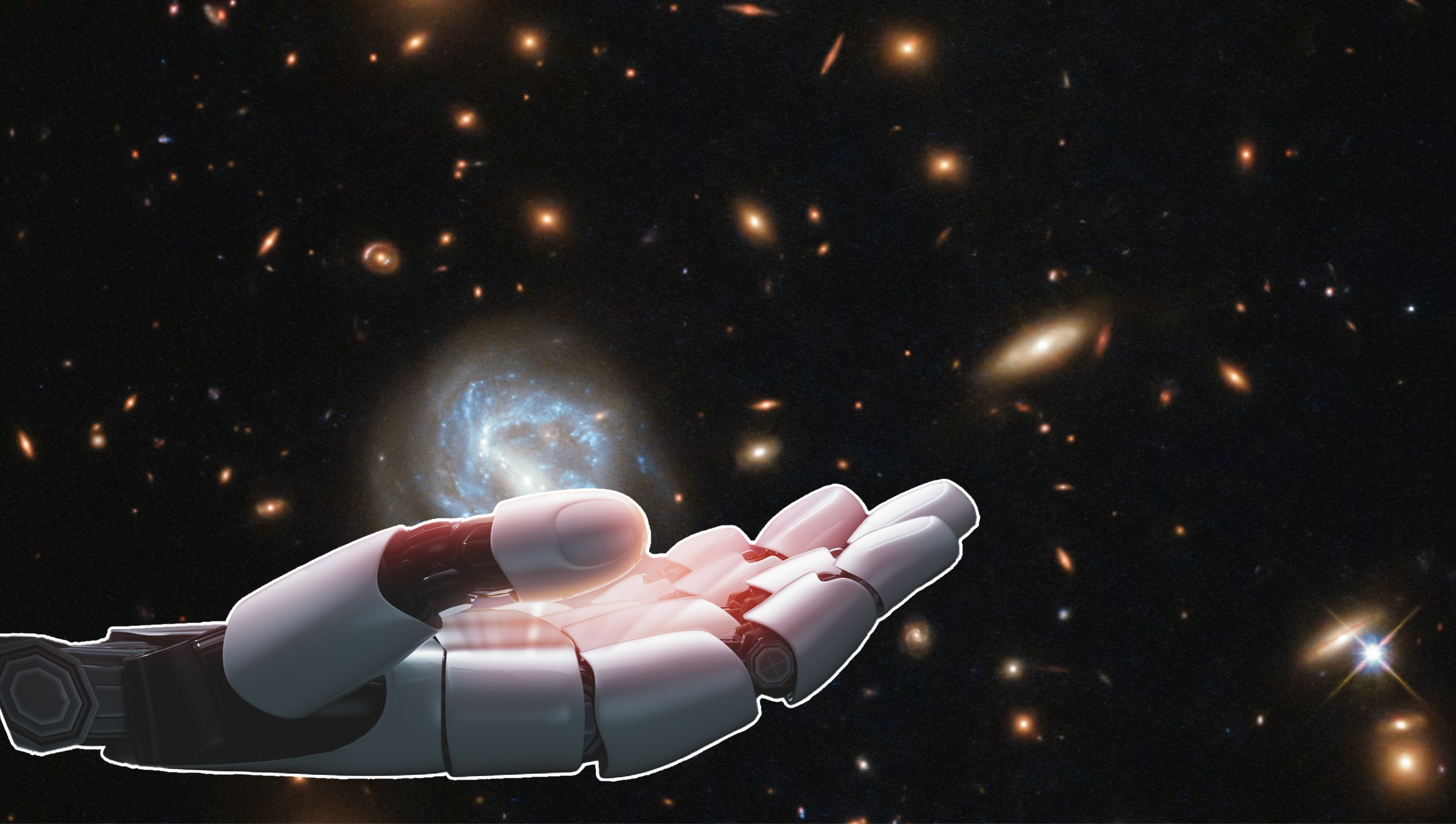 A NASA Hubble Space Telescope photo showing a spiral galaxy and other objects in space. In the foreground, an AI hand.