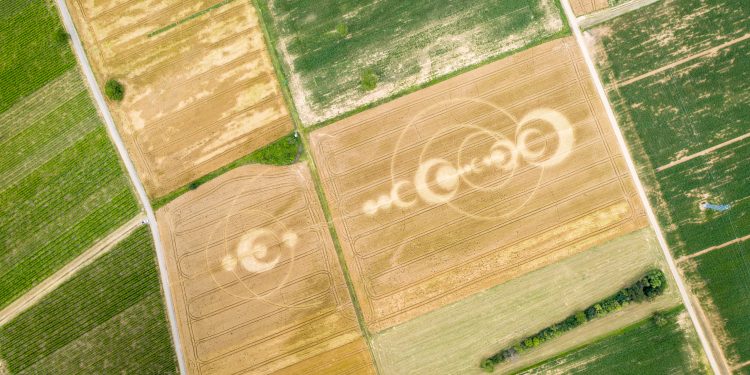 An aerial photograph of Crop Circles. Yayimages.