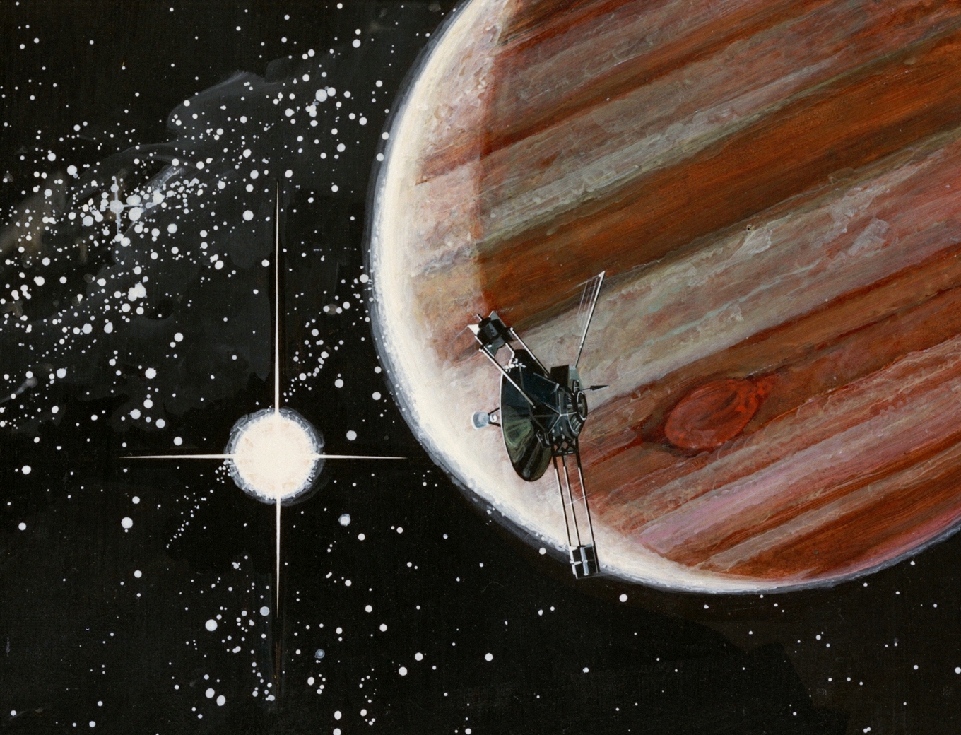 An artistic rendering showing Pioneer 10 fly past Jupiter. Wikimedia Commons.