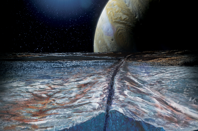 An illustration of an icy moon and a planet in the solar system. Image Credit: NASA/JPL-Caltech/SwRI.