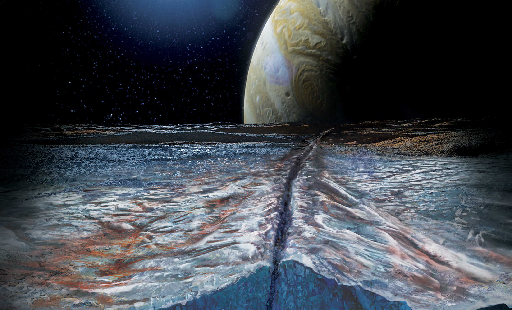An illustration of an icy moon and a planet in the solar system. Image Credit: NASA/JPL-Caltech/SwRI.