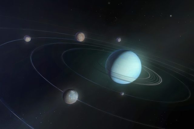 An illustration of the Uranus system and its moons. Credit: NASA/Johns Hopkins APL/Mike Yakovlev.