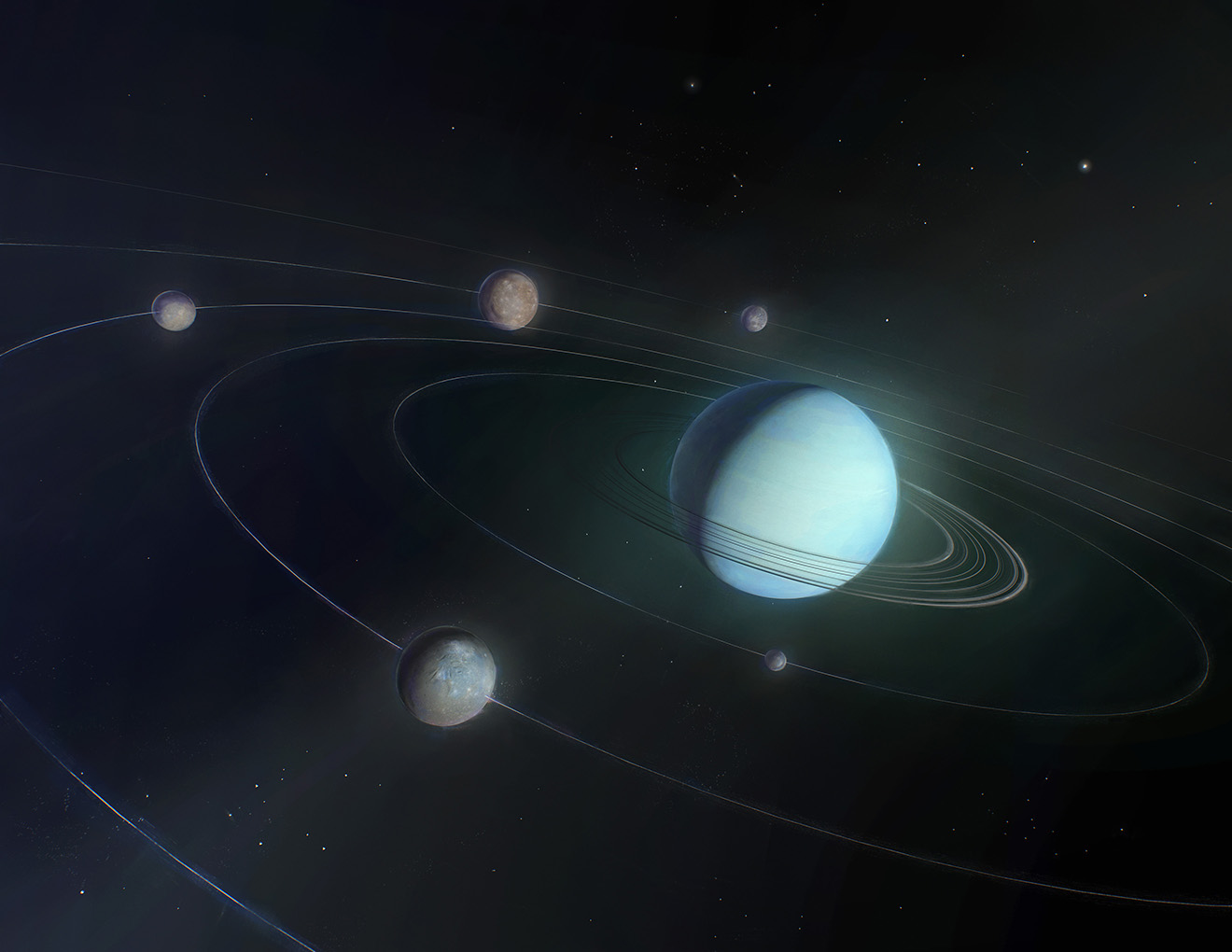 An illustration of the Uranus system and its moons. Credit: NASA/Johns Hopkins APL/Mike Yakovlev.