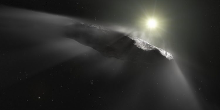 This artist’s impression shows the first interstellar object discovered in the Solar System, `Oumuamua. Image Credit: NASA, ESA, M. Kornmesser, L. Calcada.