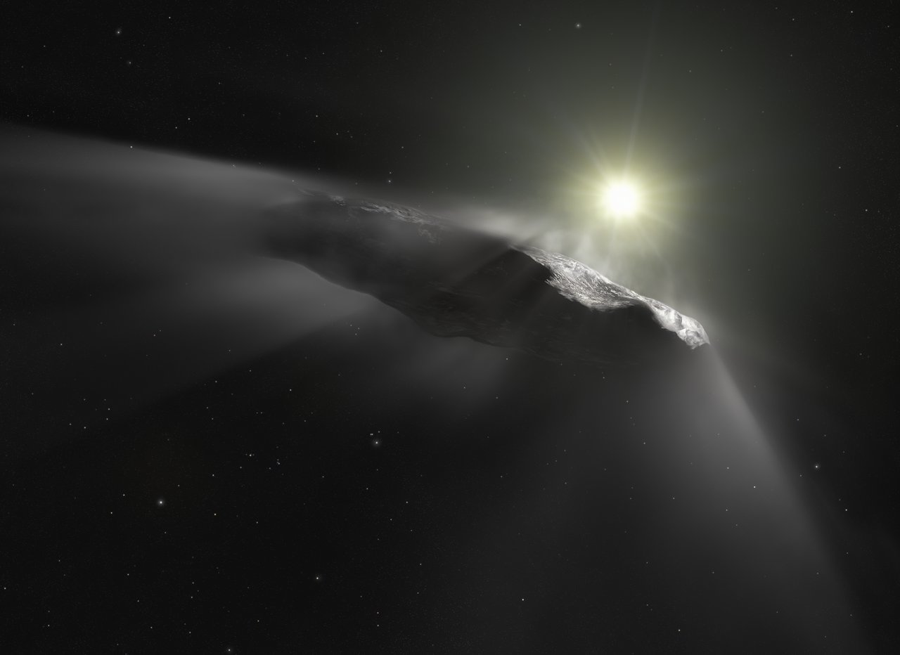 This artist’s impression shows the first interstellar object discovered in the Solar System, `Oumuamua. Image Credit: NASA, ESA, M. Kornmesser, L. Calcada.