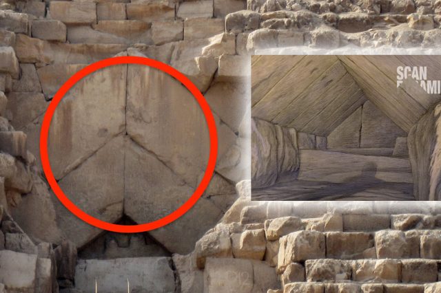 The entrance to the Great Pyramid. Circled in red is where the corridor was found.