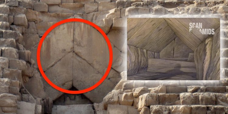 The entrance to the Great Pyramid. Circled in red is where the corridor was found.