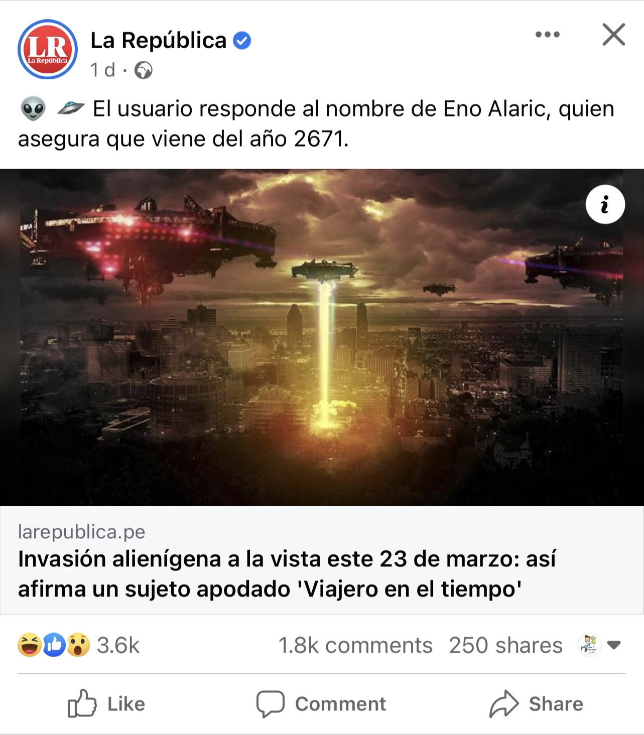 An image of an article from "La Republica" on Facebook that mentions time travelers warning of impending alien invasions. This article was not subject to fact checking. Credit: Ivan Petricevic.