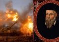 A collage showing a tank on fire and an illustration of Nostradamus.
