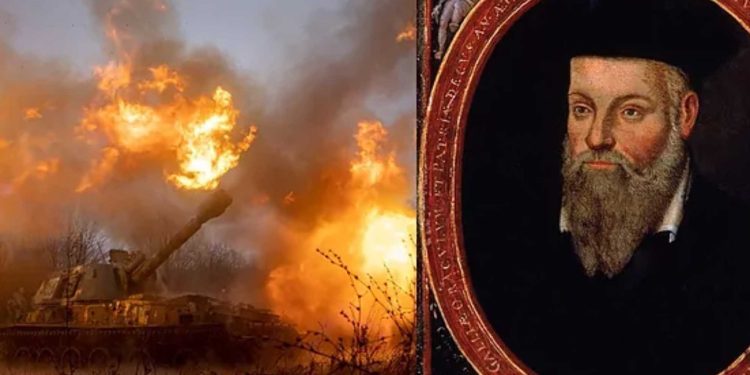 A collage showing a tank on fire and an illustration of Nostradamus.