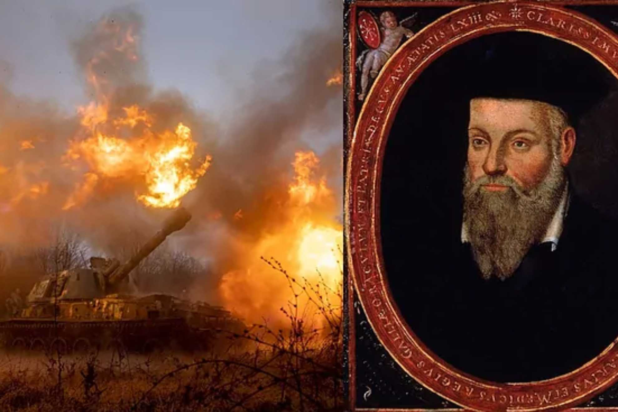 A collage showing a tank on fire and an illustration of Nostradamus.