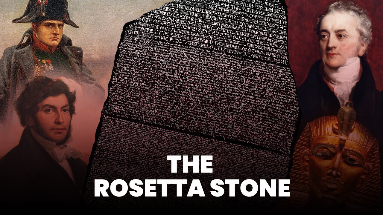 A collage showing prominent historical figures and the Rosetta Stone