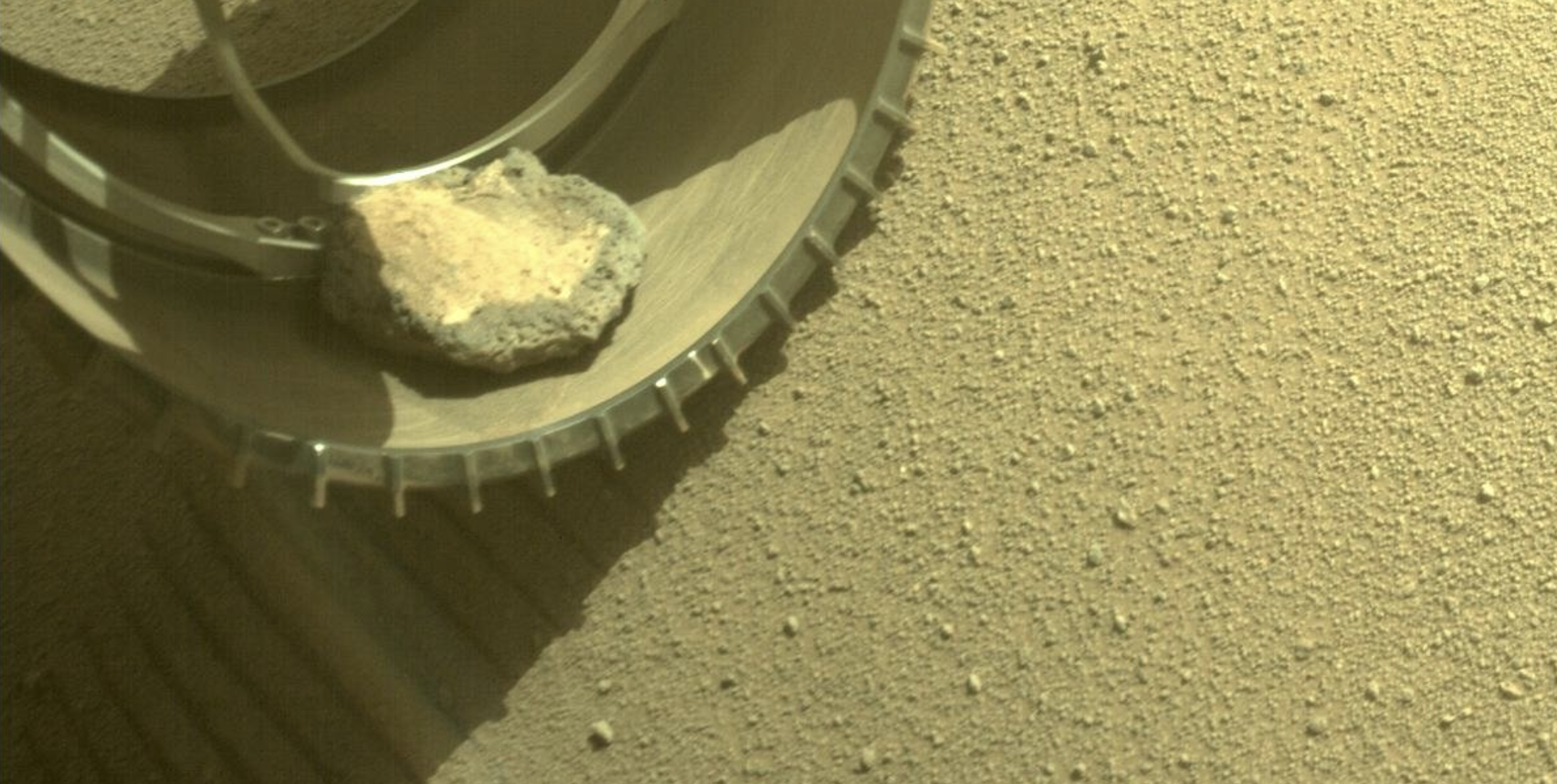A photo showing the rock on Perseverances wheel. NASA.