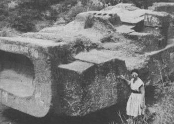 A rare photograph of the monolith of Tlaloc