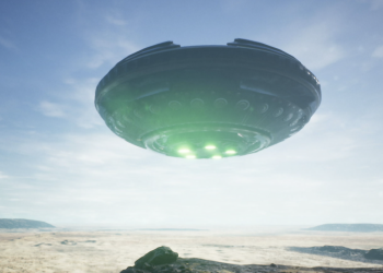 An illustration of a UFO flying over Antarctica. YAYIMAGES.