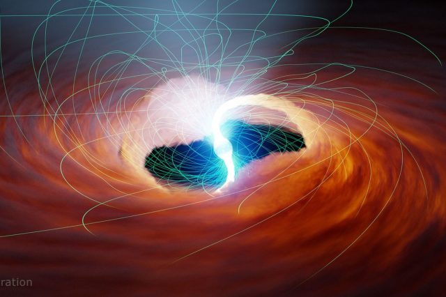 The depiction of an ultra-bright X-ray source shows two streams of heated gas being drawn towards the surface of a neutron star. The presence of powerful green magnetic fields could potentially alter the way in which matter and light interact in the vicinity of the neutron star's surface, thereby intensifying its luminosity. Image credit: NASA/JPL-Caltech.