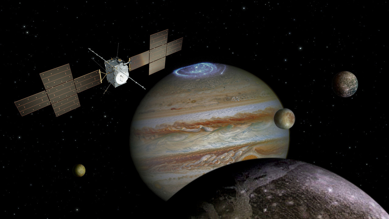 An illustration showing the JUICE mission traveling through the Jovian System.