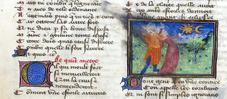 This late 14th or early 15th century illumination depicts two figures witnessing a lunar eclipse, with the French inscription "La lune avant est eclipsee" (The moon is eclipsed). Image source: gallica.bnf.fr / BnF.