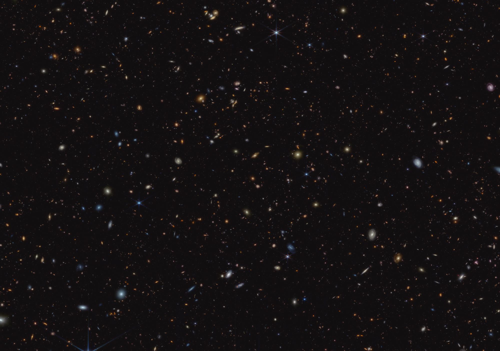 A photograph where More than 45,000 galaxies are visible. Credit: NASA, ESA, CSA, Brant Robertson (UC Santa Cruz), Ben Johnson (CfA), Sandro Tacchella (Cambridge), Marcia Rieke (University of Arizona), Daniel Eisenstein (CfA). Image processing: Alyssa Pagan (STScI).